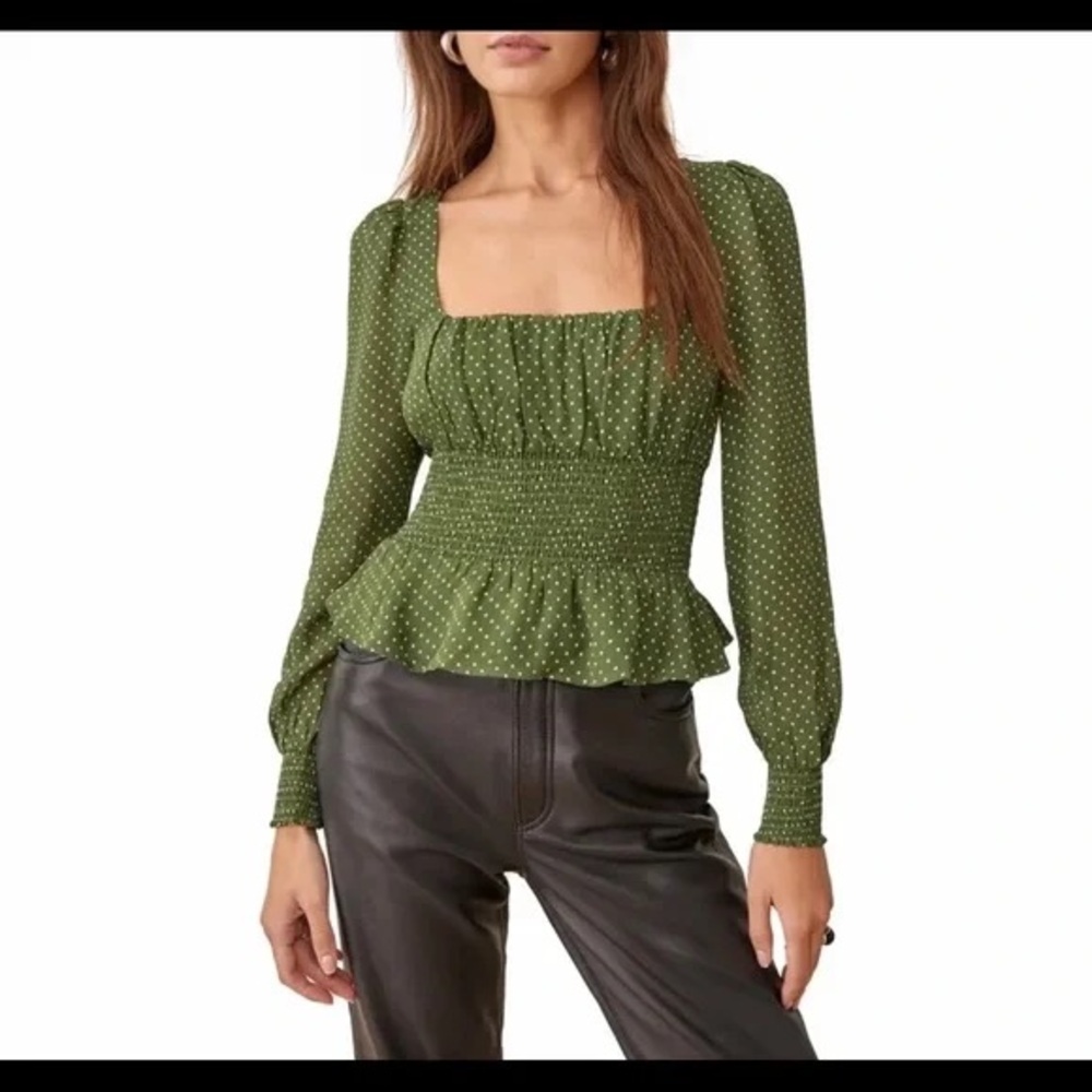 Reformation Hearth Blouse Top Peat Green Polka Dot NWOT 8